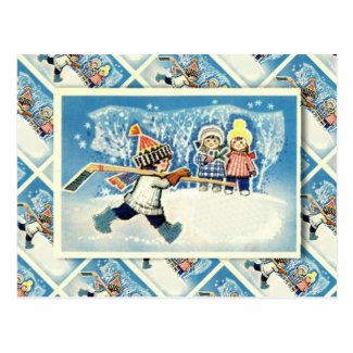 Vintage Russian Christmas, ice hockey player Post Card