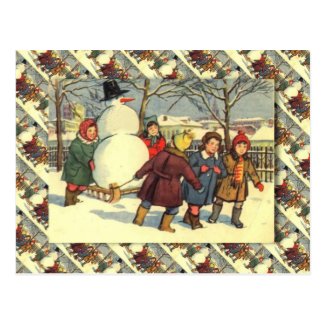 Vintage Russian Christmas, Snowman and children Postcard