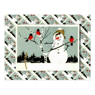 Vintage Russian Christmas, Snowman and robins Post Card