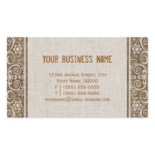 Vintage Rustic Burlap with Floral Lace Business Card Template (back side)