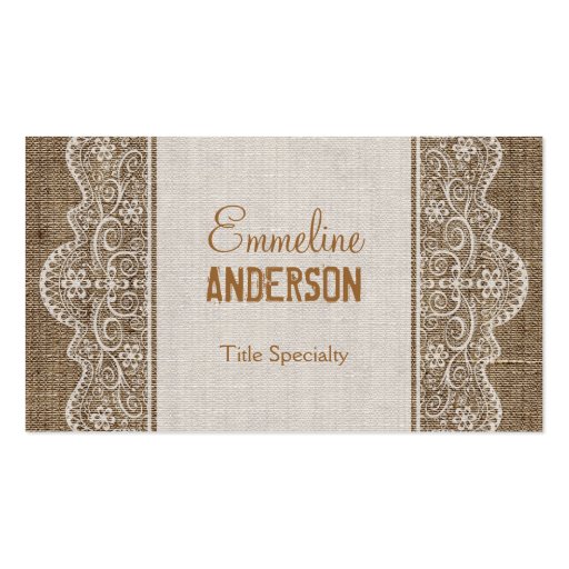 Vintage Rustic Burlap with Floral Lace Business Card Template (front side)