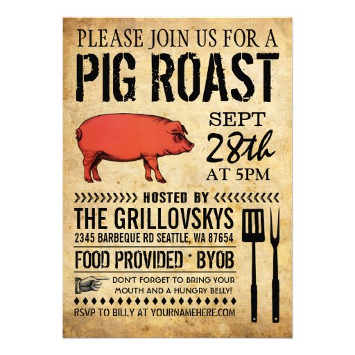 Vintage Rustic Pig Roast Invitation II Personalized Announcements