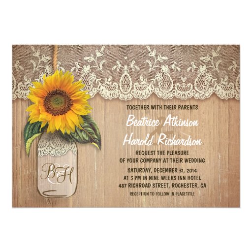 vintage rustic sunflower mason jar wedding custom invitations (front side)