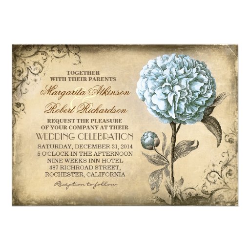 vintage rustic wedding invitation with blue peony