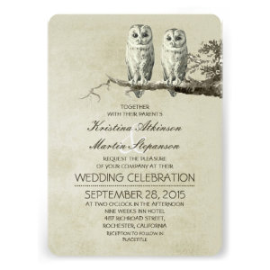 Vintage rustic wedding invitations with OWL couple