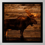 vintage rustic WESTERN country woodgrain MOOSE Posters