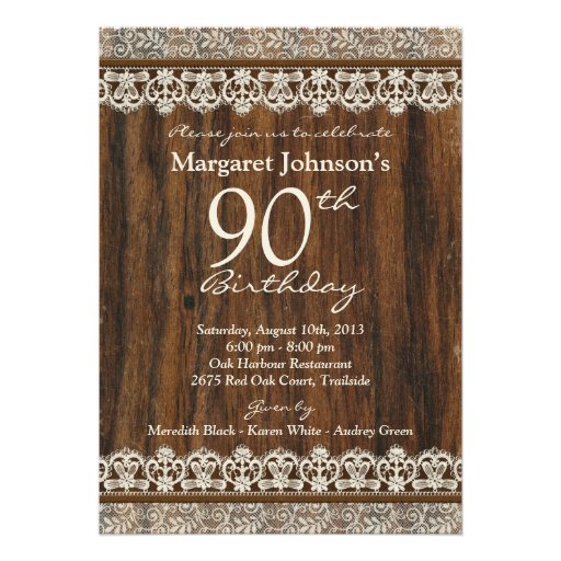 Vintage Rustic Wood Ivory Lace 90th Birthday Custom Invitations (front side)