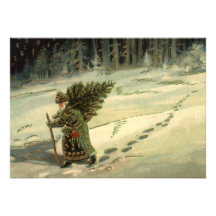 Vintage Santa Claus Carrying a Christmas Tree Personalized Invitation