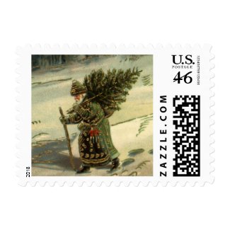 Vintage Santa Claus Carrying a Christmas Tree Postage Stamps