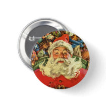 Vintage Santa Claus Flying His Sleigh with Toys Pinback Button