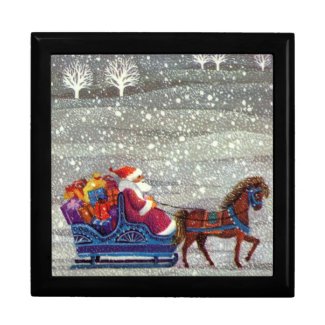 Vintage Santa Claus One Horse Open Sleigh in Snow Trinket Boxes