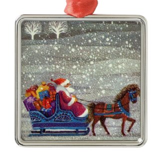 Vintage Santa Claus One Horse Open Sleigh in Snow Christmas Tree Ornaments