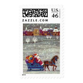 Vintage Santa Claus One Horse Open Sleigh in Snow Stamp