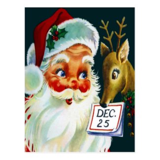 Vintage Santa Claus & Reindeer Christmas Postcard