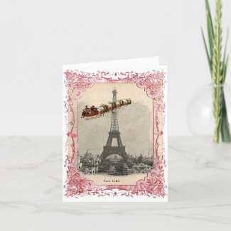 Vintage Santa over Paris Christmas Card card