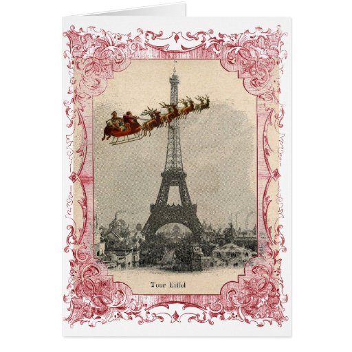 Vintage Santa over Paris Christmas Card