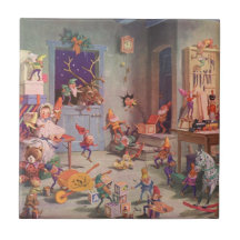 Vintage Santa's Workshop North Pole Elves and Toys Ceramic Tiles
