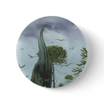Vintage Sauroposeidon Dinosaur with Birds Flying Pinback Button