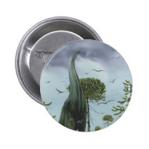 Vintage Sauroposeidon Dinosaur with Birds Flying Pinback Button