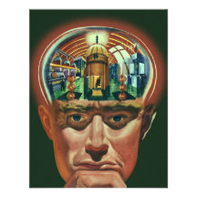 Vintage Science Fiction Alien Brain Exposing a Lab Announcement