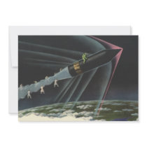 Vintage Science Fiction Astronaut Riding a Rocket Announcement