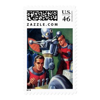 Vintage Science Fiction Astronauts with a Robot Postage Stamps