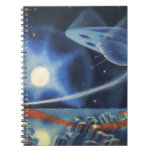 Vintage Science Fiction Blue Spaceship Over Planet Spiral Notebook