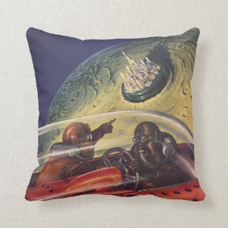 Vintage Science Fiction Flying to the Lunar City Pillow