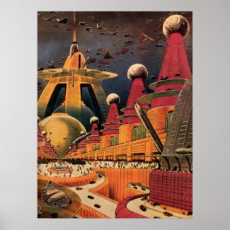 Vintage Science Fiction Futuristic City Flying Car Poster