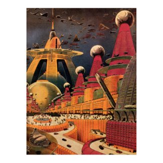 Vintage Science Fiction Futuristic City Flying Car Poster