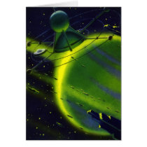 Vintage Science Fiction Green Planet w Spaceship Greeting Card