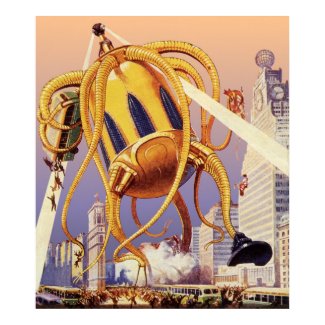 Vintage Science Fiction Octopus Alien Invasion War Print