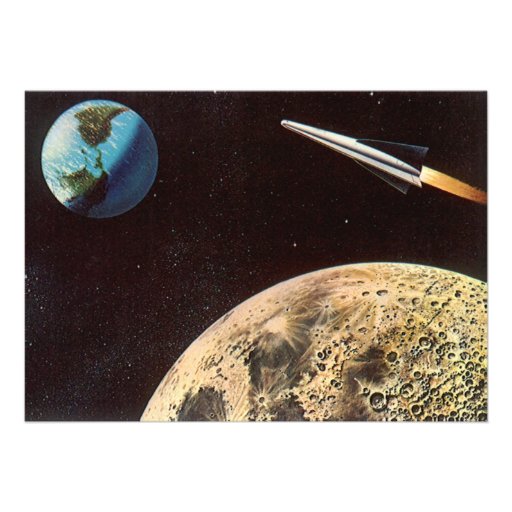 Vintage Science Fiction Rocket Over the Moon Earth Invite