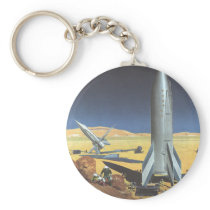 Vintage Science Fiction Rocket Ship on a Planet Keychain