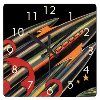 Vintage Science Fiction Rocket Ship, Space, Stars Square Wall Clock