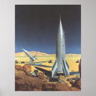 Vintage Science Fiction Rockets on Desert Planet Print