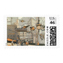 Vintage Science Fiction Steampunk Urban Paris Postage Stamp