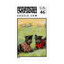 Vintage Scotty Dogs in Tartan Plaid Stamp