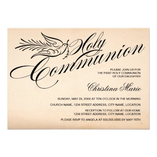 Vintage Script Dove and Cross First Holy Communion Custom Invites
