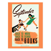 Vintage september back to work, school, books WPA Postcard