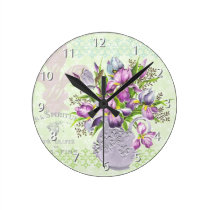 Vintage Shabby Purple Flowers Whimsical Green wall clocks