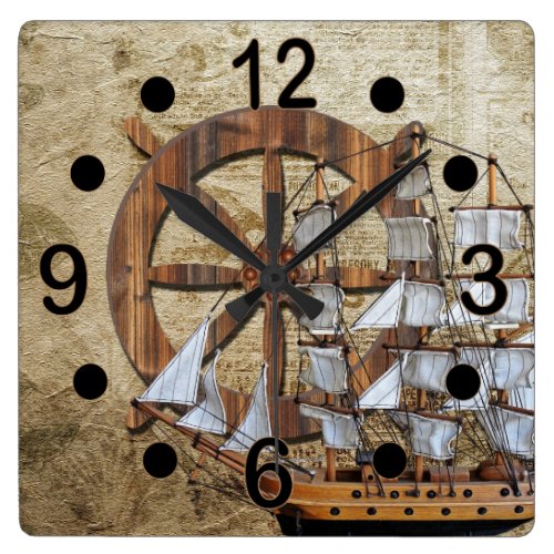 Vintage Ship and Helm Square Wall Clock Vintage Ship and Helm Square Wall Clock