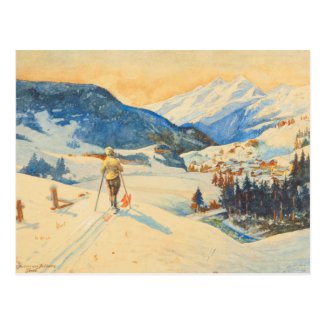 Vintage ski image, Cross country in the mountains Postcard