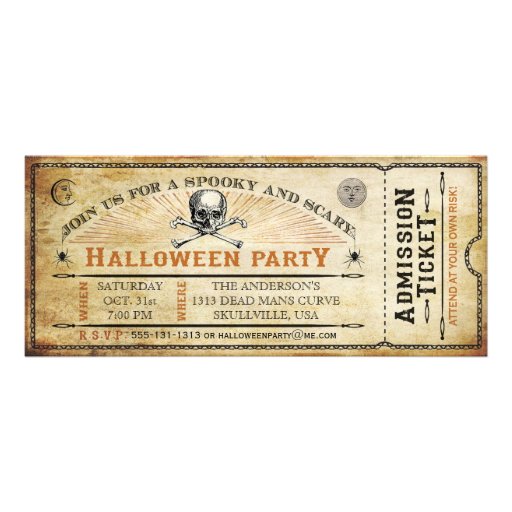 Vintage Skull and Bones Halloween Party Ticket Personalized Invite (front side)