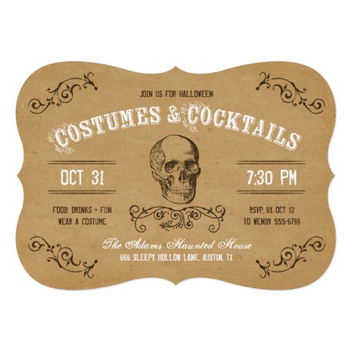 Vintage Skull Halloween Costume and Cocktail Party Invites (front side)