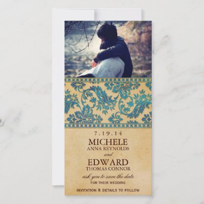 Vintage Sky Blue Damask Lace Save the Date Photo Card Template