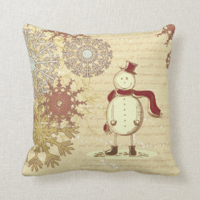 Vintage snowman and snowflakes pillow