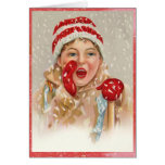 Vintage Snowy Mitten Girl Christmas Card