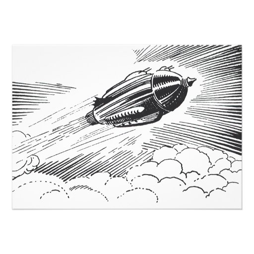 Vintage Spaceship Rocket Flying in the Clouds Custom Invitations