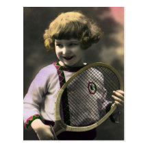 Vintage Sports, Happy Girl Holding a Tennis Racket Post Cards